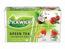 Zöld tea, 20x1,5 g, PICKWICK "Zöld tea Gyümölcsös Variációk", kókusz, vörösáfonya, eper-citromfű, mangó-jázmin